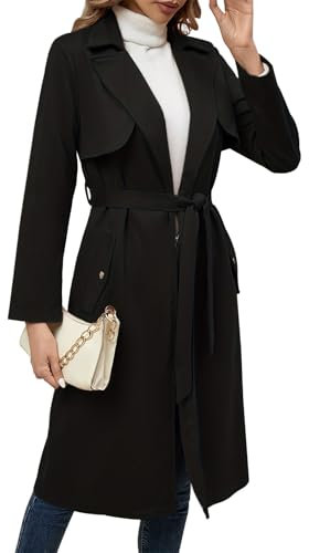 AGYMNX Damen Langer Trench Damenjacke mit Taschen Übergangsmantel Mantel mit Herbstjacke Winter Casual Trenchcoat mit Gürtel Schwarz M