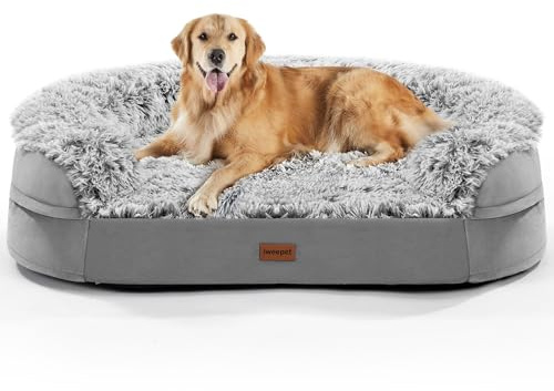 iweepet Fluffy Calming Orthopedic Dog Beds for Large & Extra Large Dogs, 44’’ Supportive Dog Sofa Bed with 3.7 inch 28D Egg-Crate Foam, Removable Washable Plush Cover, Waterproof Lining,Grey