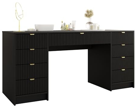 Mirjan24 Schreibtisch Tireno Bis mit 9 Schubladen (Schwarz Molet) | Schüler- oder Schminktisch mit geriffelten Fronten, goldfarbenen Griffen und viel Platz, B/H/T: 154/76/55 cm