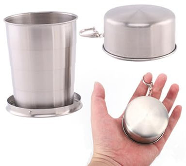 PengLAI Gobelet pliable réutilisable avec couvercle à rabat et mousqueton pour voyage, randonnée, randonnée portable et étanche, acier inoxydable 304 de qualité alimentaire, se replie à 7,6 x 7,6 x 3
