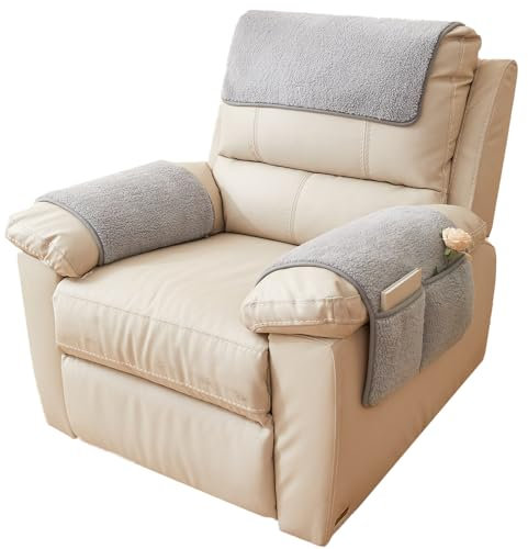QSZTJJ Sofa Armlehnenbezüge, Sesselschoner Sesselauflage, Fernsehsessel Schutzbezug Anti-Rutsch, Sesselauflage mit Armlehnen und Taschen für Zuhause mit Kindern und Haustieren Hund (Grau,3 Sitzer)