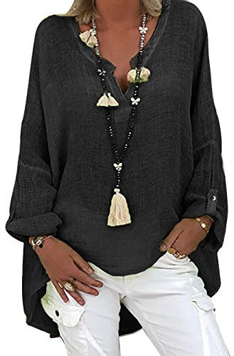 Chemisier Femme Tunique Femme Chic d'été Top en Lin pour Haut Col en V Grande élégant Chemise à Manches Longues en Lin et Coton Chemise imprimée (Noir, XXL)