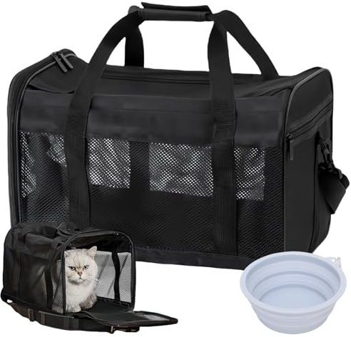 PRITOK Transportlåda för katt hund katttransportbox: 42 x 27 x 28 cm katttransportlådor vikbar med hundskål, bärbar hundtransportbur, transportlåda för husdjur (svart)