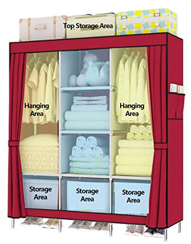 Tragbarer Kleiderschrank aus Segeltuch mit Kleiderstange und Seitentaschen, faltbarer Stoffschrank für Schlafzimmer, Lila, 128 x 45 x 170 cm