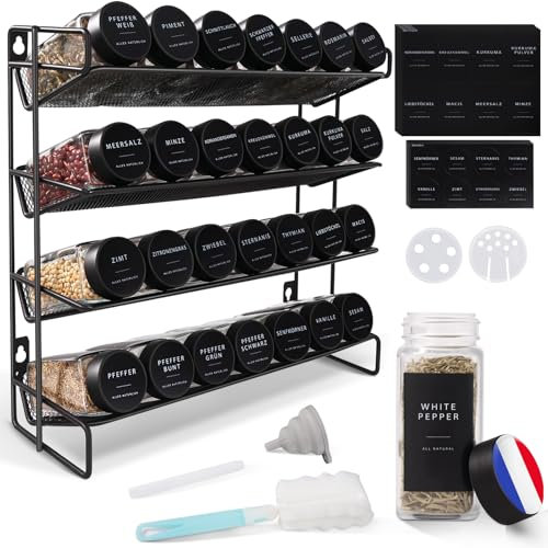 Aevcvok Especieros para Cocina, 28 Botes Especias Cristal, Organizador Especias Cocina, Estante para Especias, Spice Rack con 308 Etiquetas