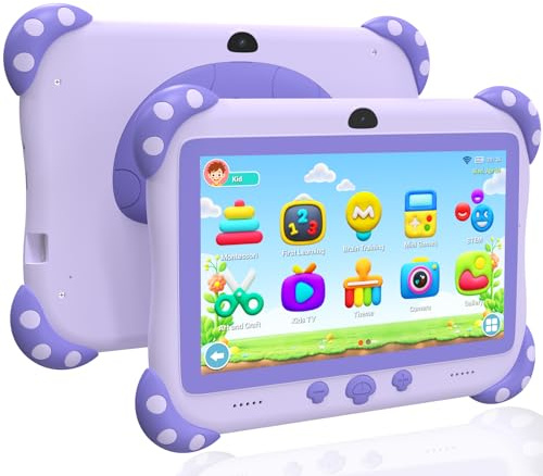 YINOCHE Tableta infantil de 7 pulgadas para niños pequeños, tabletas WiFi 32G Android doble cámara control parental con aplicación sin conexión para niños preinstalada YouTube Netflix (morado)
