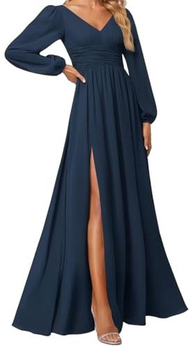Princess Bridesmaid Dresses Long Sleeve Prom Dresses V Neck Chiffon Formal Evening Party Maxi Gown ZM235 Dark Navy UK6