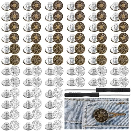 BOHUIZ 60 Sets Jeansknöpfe zum Schrauben, 17mm Jeansknopf Jeans Knopf Ohne Nähen mit 2 Schraubendreher Hosenknöpf ür DIY Jeansknopf zur Reparatur von Jeans Hose