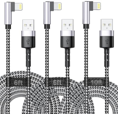 Long iPhone Charging Cable, 【3Pack 2M+2M+3M】90 Degree Right Angle USB A to Light ning Cable, Nylon Braided 6FT 10FT Long Fast Charger Cord for iPhone 14 13 12 11 Pro Max Xs Xr X 8 7 6 Plus SE iPad
