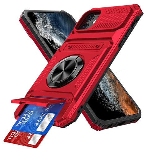 IMEIKONST Card Holder for iPhone 11 Case with Stand, Red TCKB | Military Grade Drop Protection, Magnetic Ring Kickstand, Anti-Slip Shockproof Cover, Heavy Duty Rugged PC Back