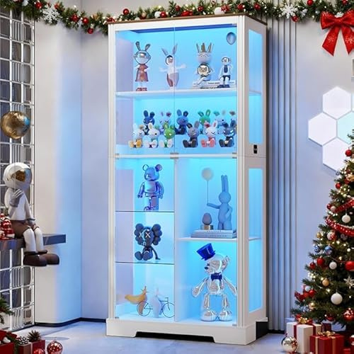 OUTDOOR DOIT 71″ Glass Display Cabinets with Human Sensor 3-Color Lights,Large Display Case with Adjustable Glass Shelves, Multi-layer Curio & Bookcase Storage Cabinet for Living Rooms,Study,White