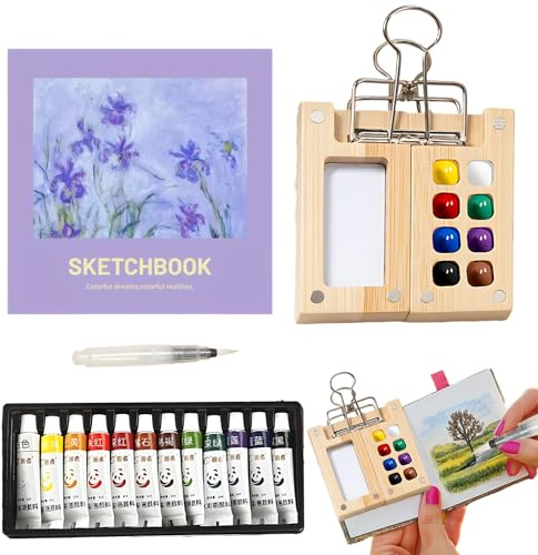 CPRNQY Mini Aquarell Set, Pocket Aquarell Set, Reise-Wasserfarbensatz mit 12 Farben, Bambus-Palette, Skizzenbuch und Wasserpinsel, Ideal für unterwegs, perfekt für Reisen