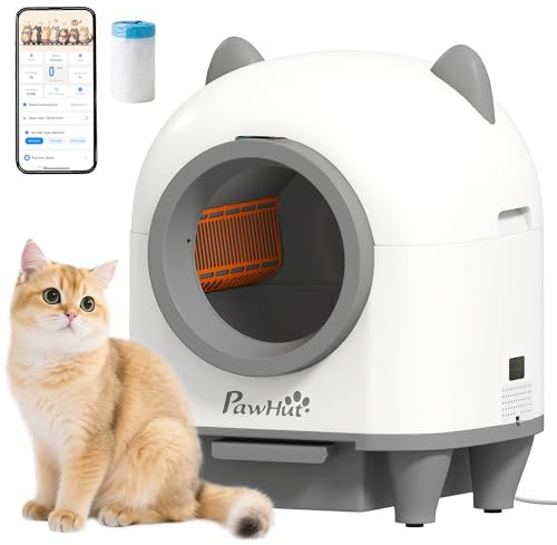 PawHut Lettiera per gatti autopulente, 80 l, lettiera per gatti automatica, controllo app/anti-pinch/isolamento degli odori/protezione di sicurezza, sacco della spazzatura, orecchie adorabili, diversi