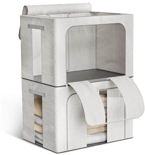 Boic 2 Pack Clothes Storage Boxes With Metal Frame, 24L Storage Boxes With Lids, Collapsible Storage Box, Clothes Organiser With Clear Windows Clothes Storage Bin For Towel Duvet Sweater Bedding(Grey)