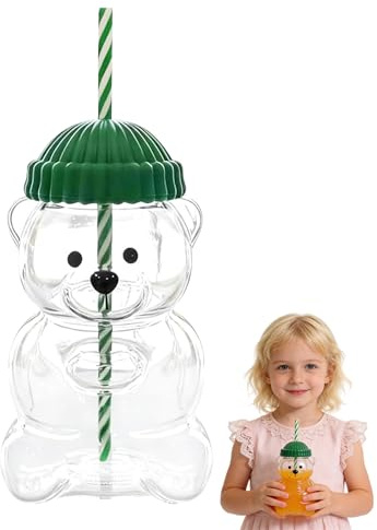 CenviaLuxy Bear Glass Cup, 580ML Leakproof Cute Bear Mug Coffee Cup with Straw and Lid for Milk Coffee Juice Beer Wine Cocktail Drinks Home Café