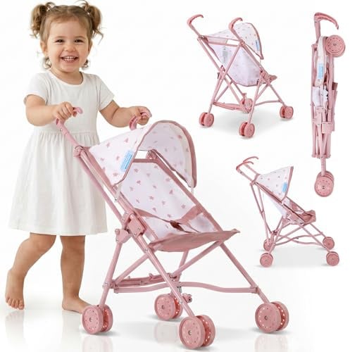 Puppenwagen Buggy Kinderplay aus leichtem Aluminium, klappbarer Puppenwagen mit Sicherheitsgurt und leisen Doppelrädern, für Puppen bis 46 cm, Griffhöhe 54 cm, ab 2 Jahren