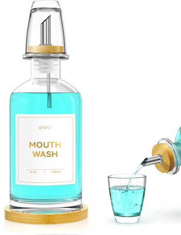 BTIFU Clear Glass Mouthwash Dispenser for Bathroom - 14oz/410ml | Refillable Mouthwash Container With Bamboo Tray and 2 Glass Cups, Waterproof Labels, Bath Sink Decor for Home, Office
