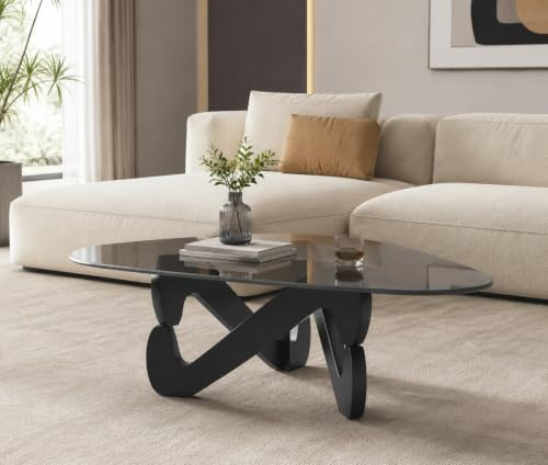 Couchtisch, Dreieckiger Couchtisch aus Glas, Modern Couchtisch mit dreieckigem Massivholzsockel und verdicktem gehärtetem Glas, Beistelltisch, Ausgefallene Kaffeetisch für Wohnzimmer Büro (Schwarz)