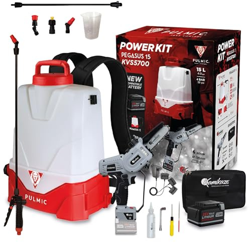 Power Kit KVS5700 + Pegasus 15 Tronçonneuse électrique à batterie 21,6 V 800 W Ø80 mm + pulvérisateur électrique 15 l, nouvelle batterie 25 V compatible, usage professionnel agricole et jardinage