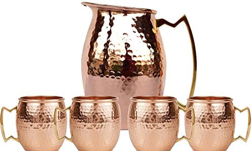 Krug aus reinem Kupfer von Rastogi Handicrafts, gehämmertes Kupfer, Wasserkrug „Moscow Mule“, sehr stabil, massiv, mit 4-teiligem Set von Bier-, Weinbechern