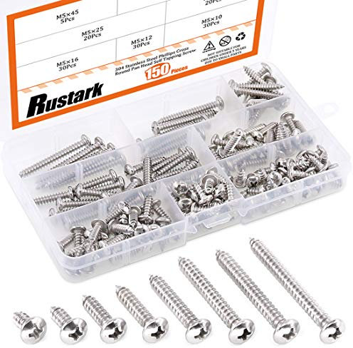 Rustark 150Pcs M5 304 Stainless Steel Round Pan Head Phillips Cross Screws Drive Self-Drilling Screws Assortment Kit