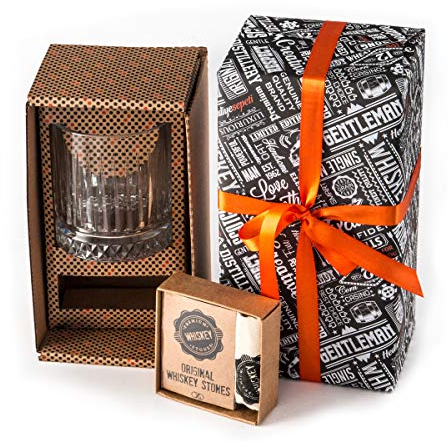 Hediyesepeti Wiskeygläser- Set, Whiskey Gläser Set mit 12 Schwarz Marmor Eiswürfel Steine, Wiederverwendbare Eiswürfel, Geschenkbox Verpackung Whisky Gläser Geschenkset für Männer