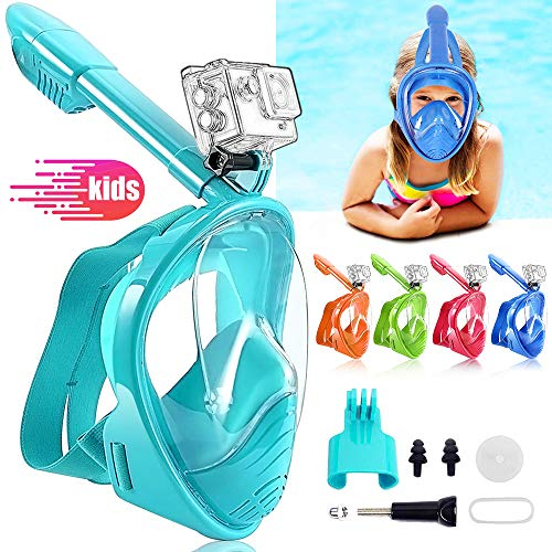 HINATAA Máscara de Buceo para Niños, 180 °Máscara de Snorkel de Cara Completa Infantil, Anti-vaho Anti-Fuga Máscara de Gafas Compatible con Cámara, Adecuado para Niños de 4 a 12 Años(Verde Azul)