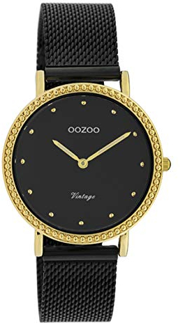 Oozoo Vintage Damenuhr mit Edelstahl Milanaiseband 34 MM Schwarz/Goldfarben/Schwarz C20058