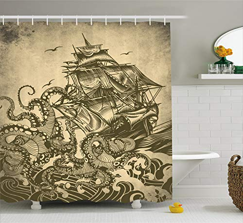 ABAKUHAUS Weihnachten Duschvorhang, Retro Schiff Octopus Theme, Stoffliches Gewebe Badezimmerdekorationsset mit Haken, 175 x 200 cm, Gelb