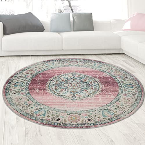 CARPETIA Teppich Outdoor Orientteppich Wohnzimmerteppich Ornamente in rosa Größe 200 cm Rund