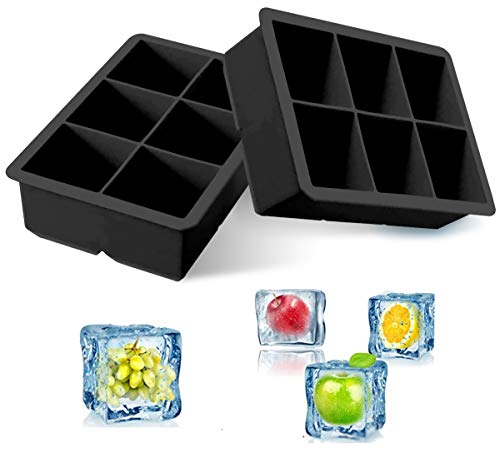 iNeibo Silicone Large Ice Cube Tray Silicone Ice Mold - Make 6 Pieces 2 Inch Ice Cube for Whiskey Drinking, A Must-Have for Cooling Bar Drinks Make Fun Ice Food (Black, 2 Pack)
