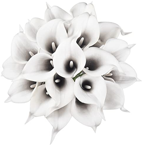 DuHouse Künstliche Calla-Lilien, fühlt sich echt an, Latex-Blumen für DIY, Hochzeit, Blumenstrauß, Party, Heimdekoration (schwarz-weiß), 20 Stück