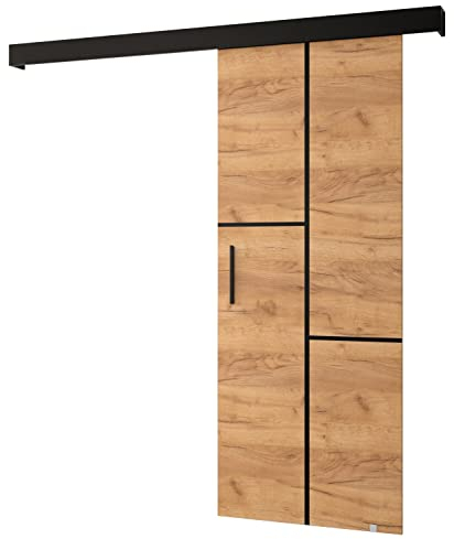KRYSPOL Schiebetürsystem Salwador 7 Komplett-Set für Schiebetüren, Trennwände Innentüren, Modern Design (Craft Gold Eiche/Gitter: schwarz matt/Griff und Streife: schwarz)