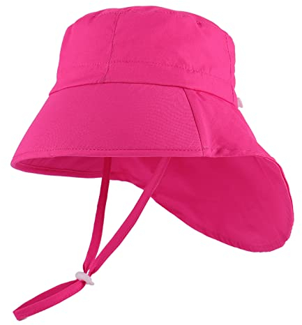 LACOFIA Baby Sonnenhut Mädchen Baumwolle Kleinkind UV Sommer Mütze Verstellbarem Kinder Breiter Krempe Strand Cap Fischerhut mit Bindebändern und Nackenschutz Rosa Rot 2-5 Jahre