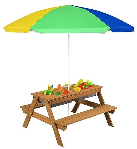 COSTWAY 3 in 1 Kinder Picknicktisch, Gartentisch mit Sonnenschirm & Bänke, Kindersitzgruppe aus Holz mit Abnehmbarer Tischplatte & 2 Spielboxen, Kindermöbel-Set für Garten, Hinterhof, Terrasse (Gelb)