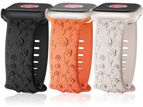 3 Piezas Correas Floral Grabado para Apple Watch 40mm 38mm 41mm Mujeres，Soft Silicona Correa Elegante Rosa Patrón Reemplazo Pulsera para iWatch Se serie 9 8 7 6 5 4 3 2 1