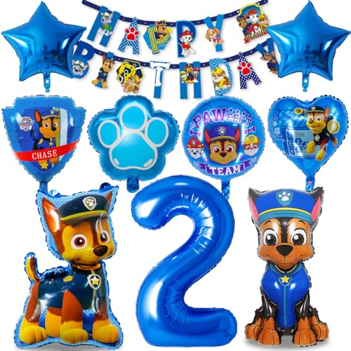 Dog Patrol Geburtstag Deko 2 Jahre, Luftballon Party Set, Hund Patrol Folienballon Blau, Happy Birthday Banner für Kindergeburtstag Dekoration