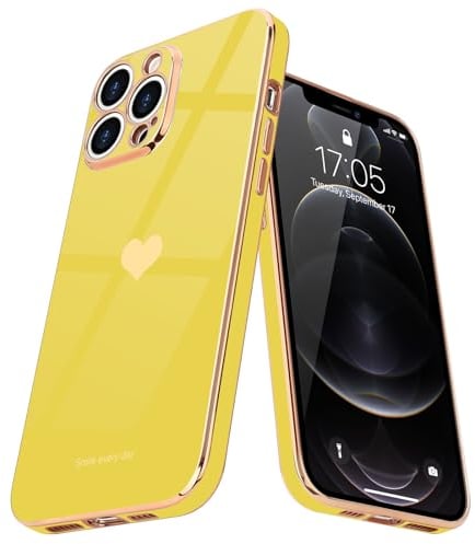 Teageo for iPhone 12 Pro Max Case Cute Heart Pattern for Women Girls Slim Luxury Bling Plating Soft TPU Anti-Scratch Shockproof Bumper Phone Case for iPhone 12 Pro Max, Yellow