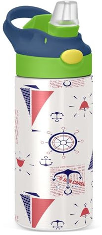 Sevdomey Sailing Boats Kids Water Bottle with Straw for Girls Boys, Stainless Steel Insulated Leakproof Water Bottle 350ml for School Nursery Travel Sports