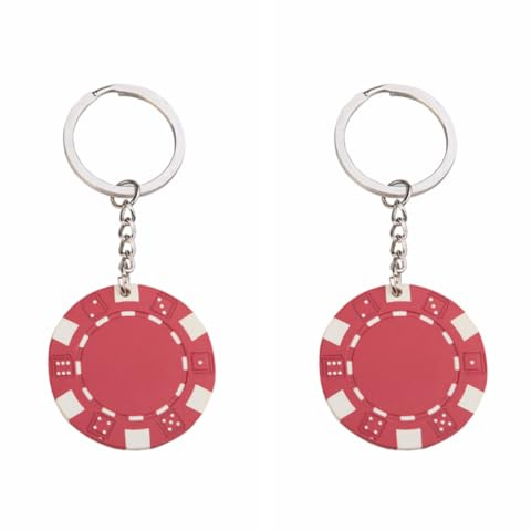Schlüsselanhänger aus extra schwerem Kunststoff in Form von Fiches Casino Poker Ring flach Metall verchromt, 2 Stück rot, S
