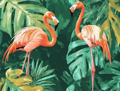 Flamingo Malen Nach Zahlen Erwachsene Groß 30x40cm,Malen Nach Zahlen grüne Blätter,Kreativ Set für Erwachsene,DIY Handgemalt Ölgemälde Leinwand Kit mit Pinseln Acrylfarben,Home Wand Dekor,Rahmenlos
