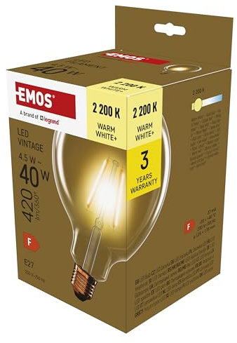 EMOS LED Lampe Vintage Edison Typ G125, 4,5W Ersatz für 40W Glühbirne, Amber Glaskolben mit E27 Sockel, Helligkeit 420 lm, Warmweiß 2200 K, 25000 Stunden Lebensdauer, CRI min. 80, 320° Abstrahlwinkel