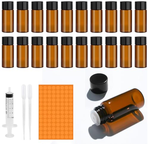 Amentalove 20PCS 10ml Flacon Huile Essentielle Vide, Flacons pour Huiles Essentielles, Mini Bouteilles en Verre avec Autocollant de Seringue Pipette, Mini Flacons pour Huile Essentielle Spa Massage