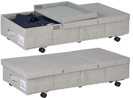 Relaxdays Unterbettkommode 2er Set, 50 L, mit Rollen, HxBxT: 20x80x40 cm, faltbar, mit Deckel, Unterbettbox flach, grau
