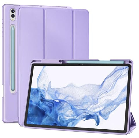 SSS·GRGB Hülle für Samsung Galaxy Tab S8 Plus 2022 / S7 FE 2021 / S7 Plus 2020 12,4 Zoll mit S Pen Halter, Ultra Dünn Leicht Tri-Fold Stand, Auto Wake/Sleep (Lila)
