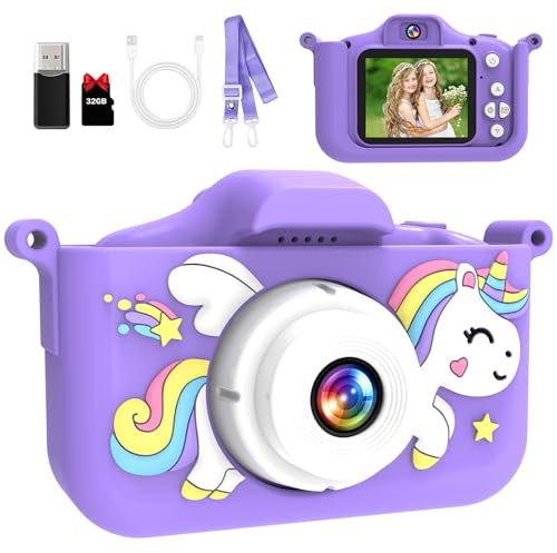 Kinderkamera mit 32GB Speicherkarte & 1080P HD – Selfie Kamera für Mädchen & Jungen ab 3 Jahren, Digitalkamera mit Spielen, Musik, Zeitraffer – Geschenk mit Einhorn Silikonhülle & Zubehör