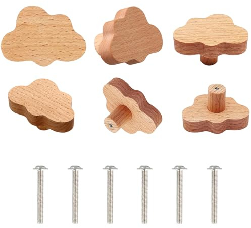 SHYSBV 6 Stück Holz Schrankknöpfe, Schrankknöpfe Wolke Holz Design, Schublade Griffe für Haus Küche Schlafzimmer Kleiderschrank