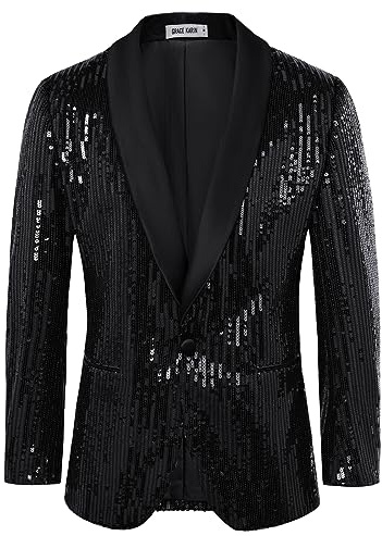 GRACE KARIN Männer Glitzernder Partyblazer mit Pailletten Elegant Hochzeit Tuxedo mit Schalrevers Schwarz M