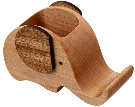 COHEALI Elephant Pen Holder and Wood Phone Stand Desktop Organiser for Pens Tablets Smartphones Office School Use
