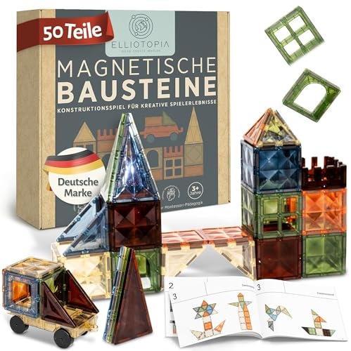 elliotopia Magnetische Bausteine für Kinder ab 3 Jahren inkl.Auto, 50-teilig -pädagogische Magnetsteine, Montessori-orientiert mit extra starken Magneten für stundenlangen Spielspaß- Geschenk Idee